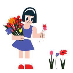 Девочка собирает цветы.