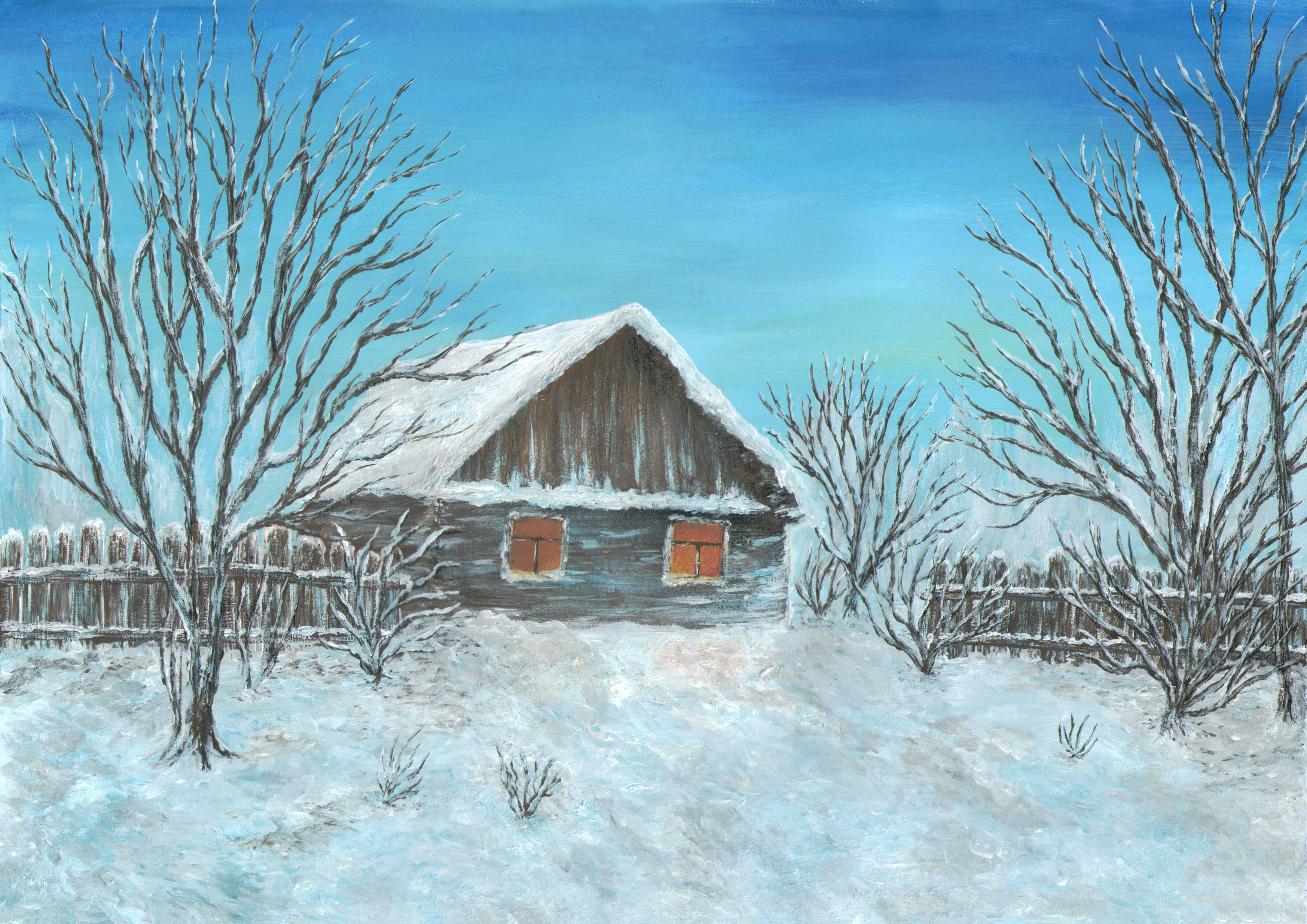 Как рисовать зимний домик рядом с полем
