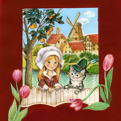 Девушка и котик на фоне мельницы