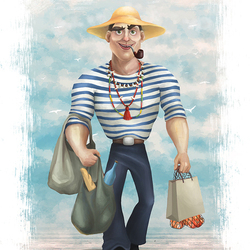 моряк в нелепой шляпе с покупками из портового магазина
