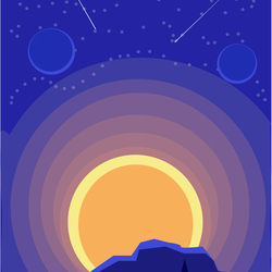 Space landscape with sunset and a starry sky in shades of purple, nature on another planet. Vector illustration. - Векторная графика