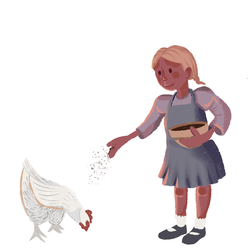 Девочка кормит курицу