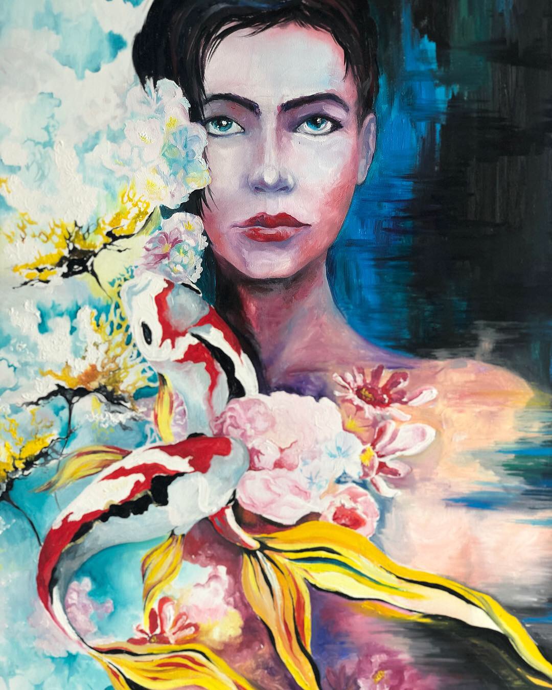 Иллюстрация Девушка и кои в стиле абстракция | Illustrators.ru