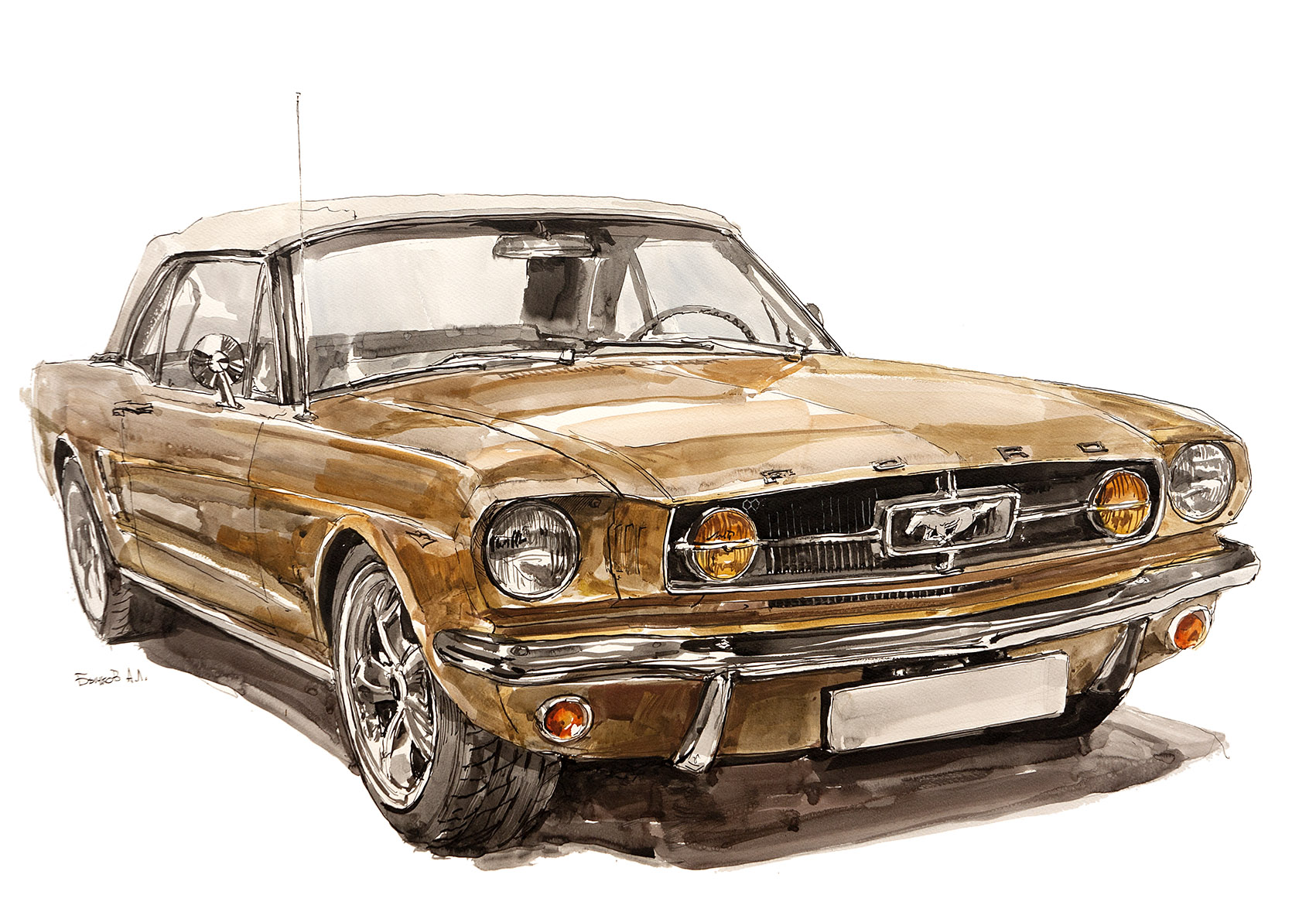 Иллюстрация Ford Mustang 1965, рисунок в стиле графика, инфографика