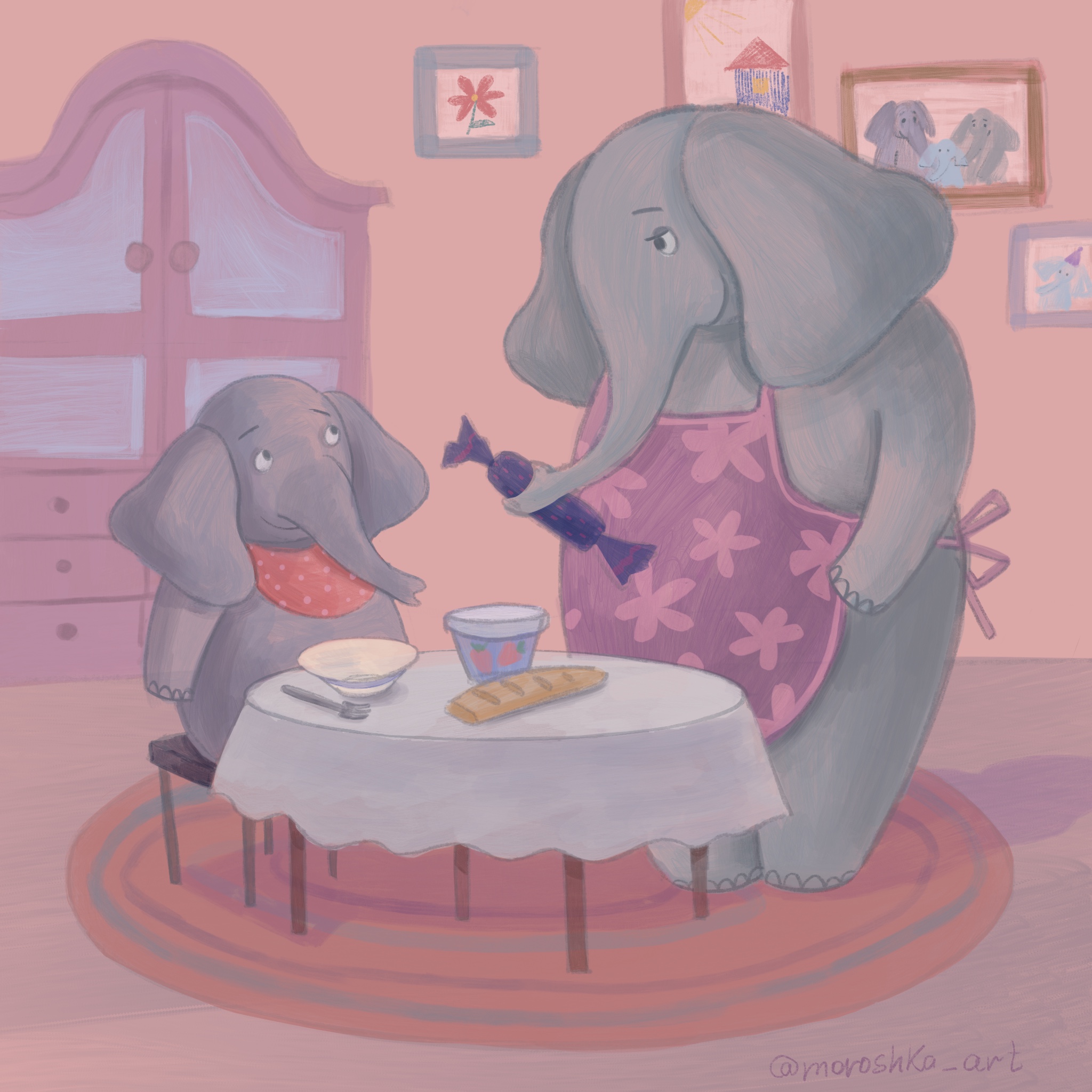 Мама про слоненка. Слонёнок с мамойдля детей. Слон на кухне. Иллюстрация к стихотворению слон.