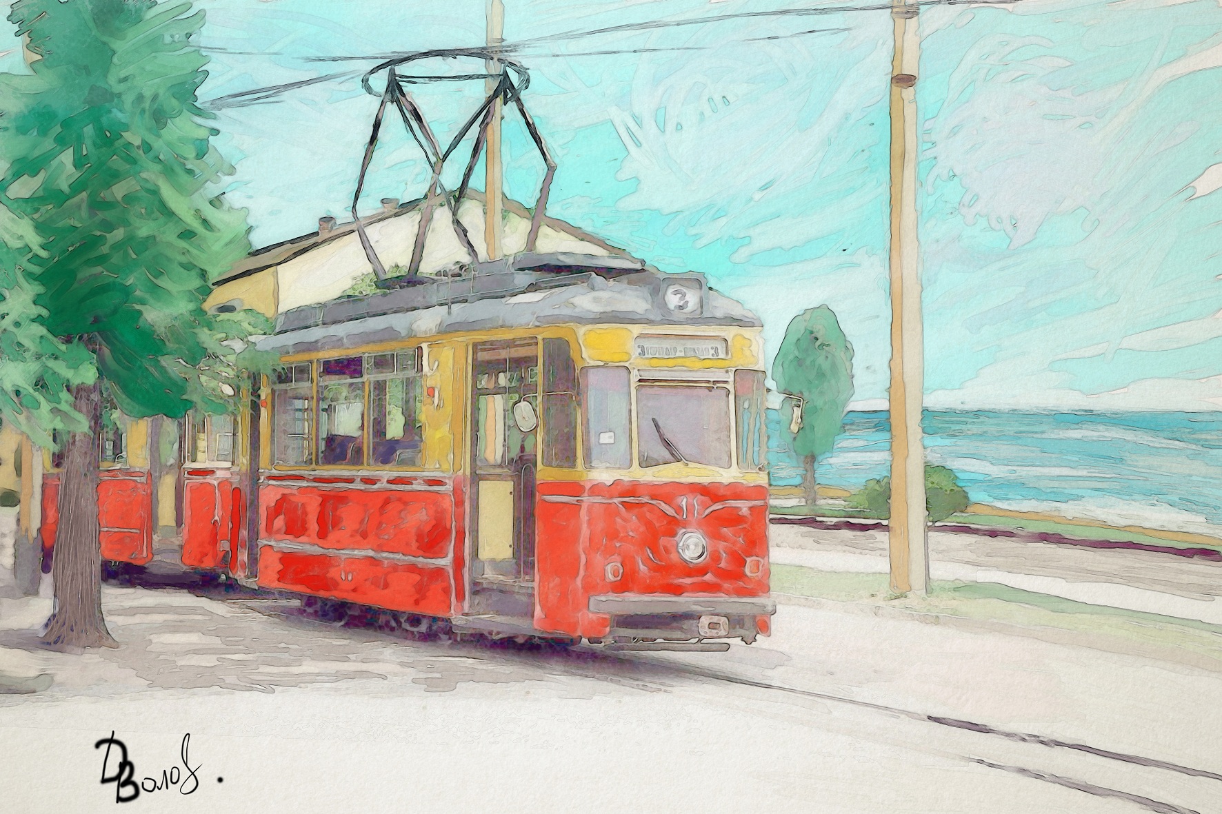 Иллюстрация Старый трамвай в стиле живопись | Illustrators.ru