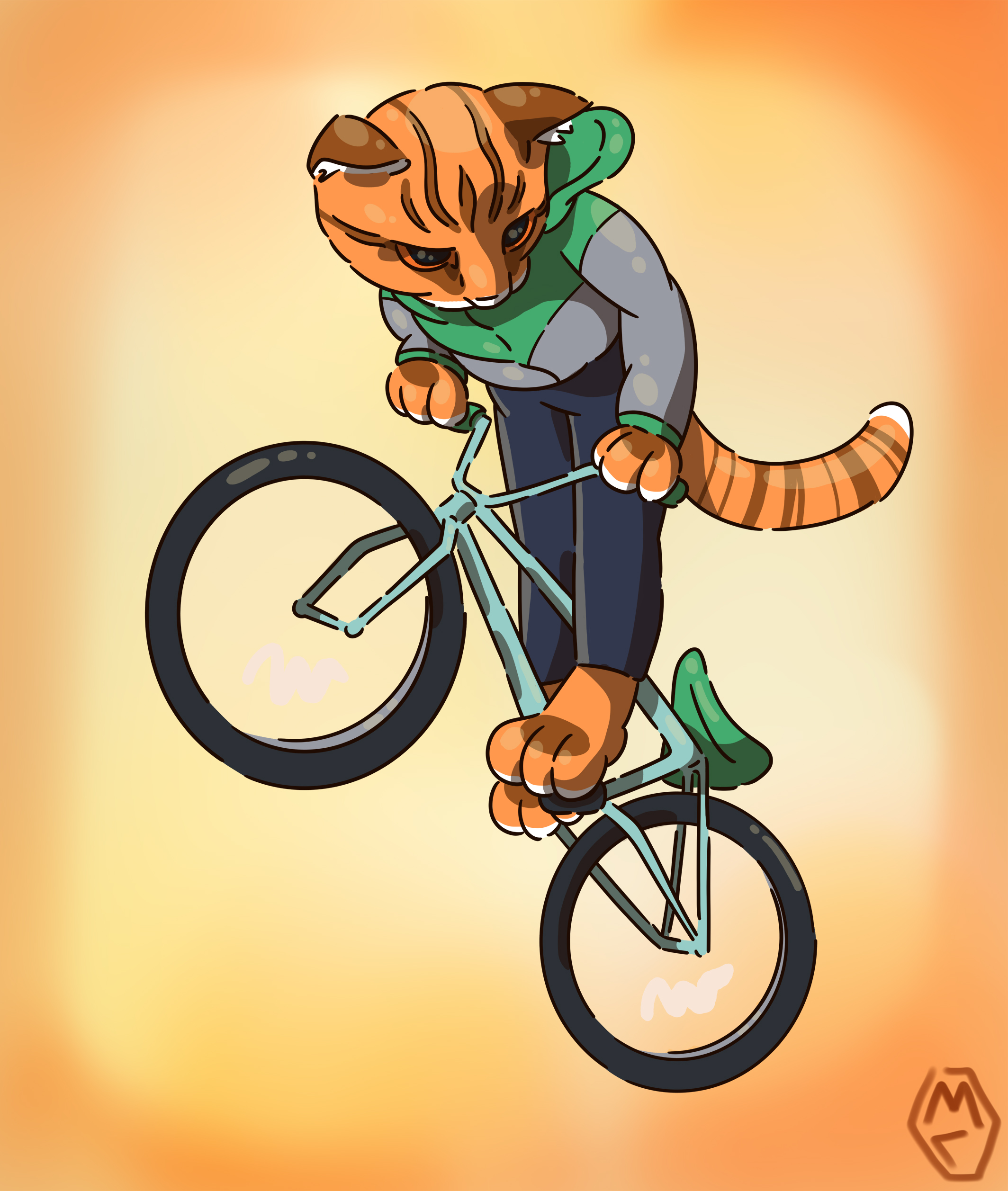 Иллюстрация Кот на велосипеде в стиле 2d, компьютерная графика