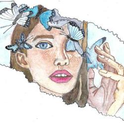 Девушка и голубые бабочки