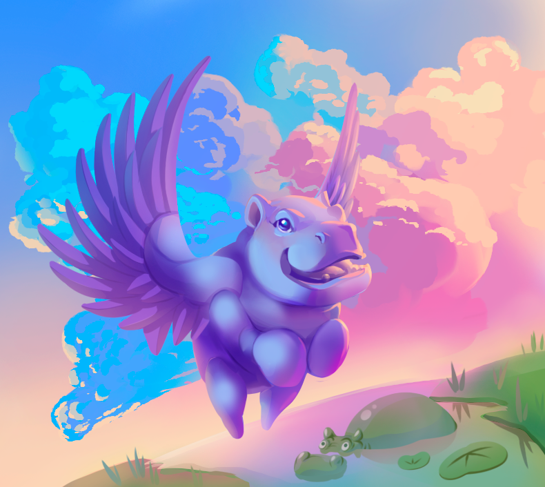 Иллюстрация Счастливый бегемотик в стиле cg, детский, сюр