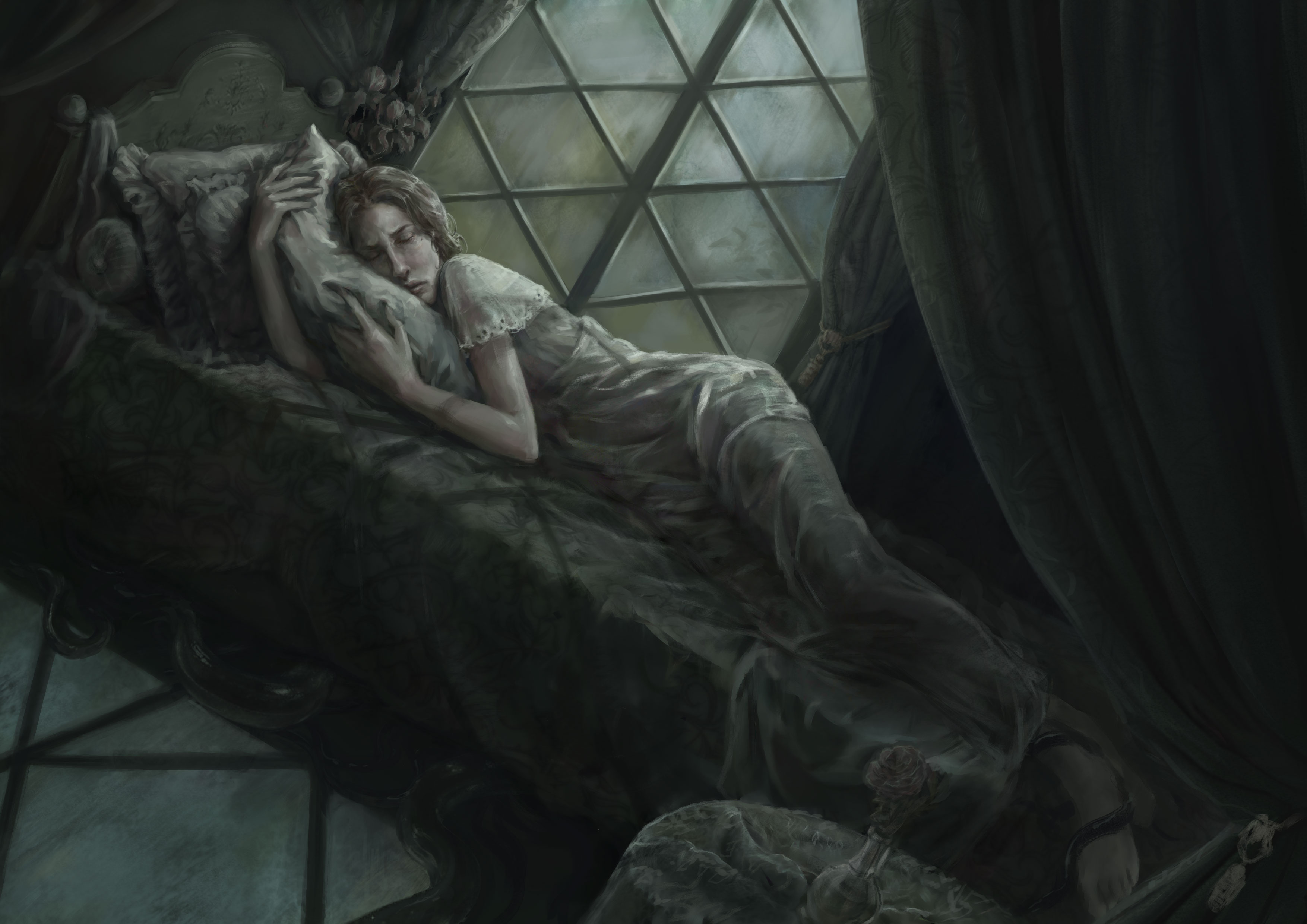 Иллюстрация Ночной кошмар в стиле 2d, готический, книжная графика