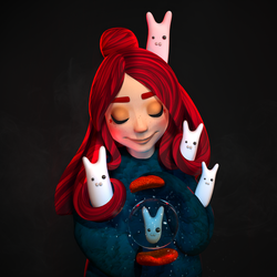 Red Girl with Rabbits