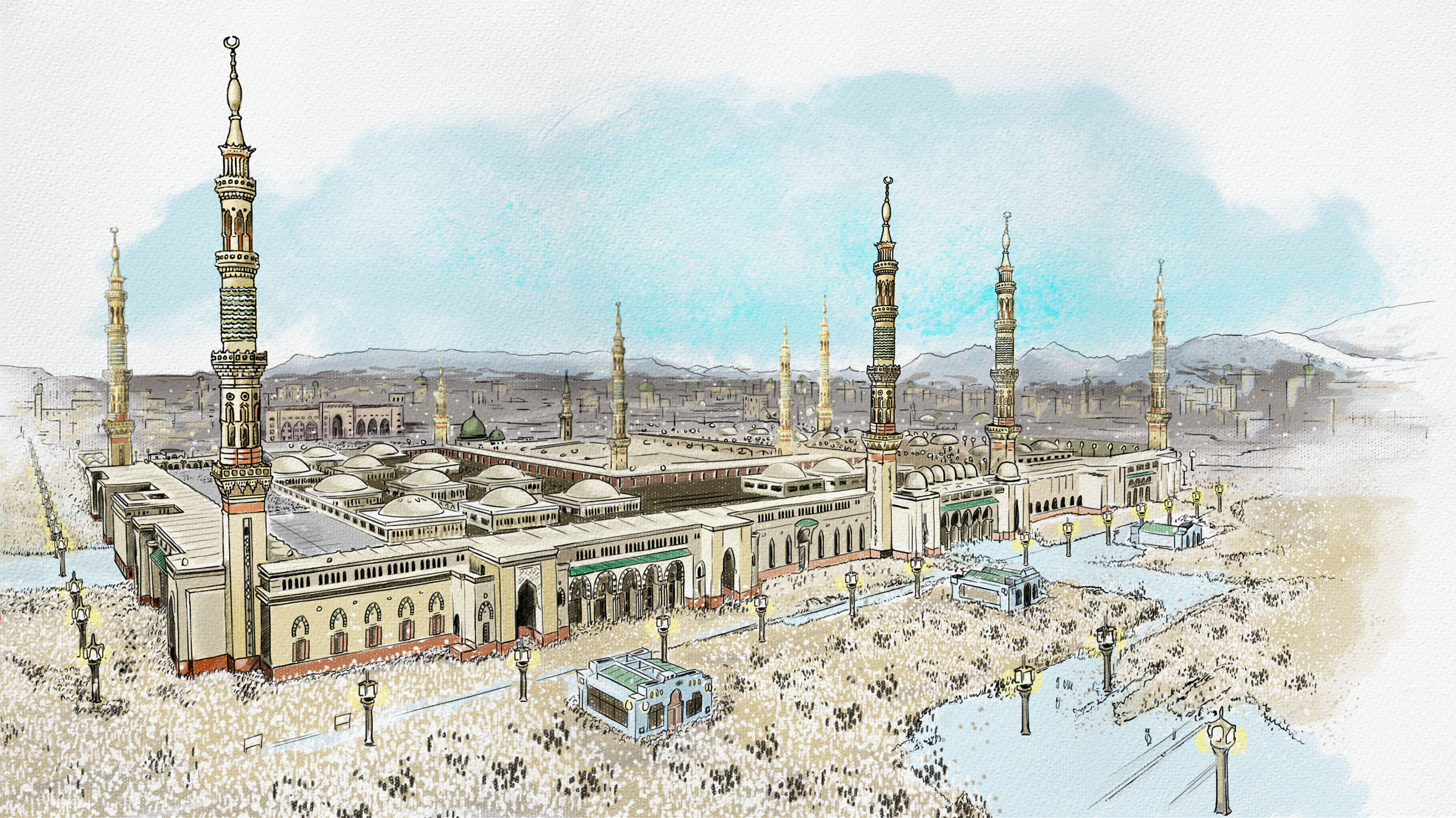 Мекка спб. Мечеть пророка (Масджид АН-Набави). Иллюстрация Медина Мекка. Рисунок Мекки Медины. Мечеть в Медине рисунок.