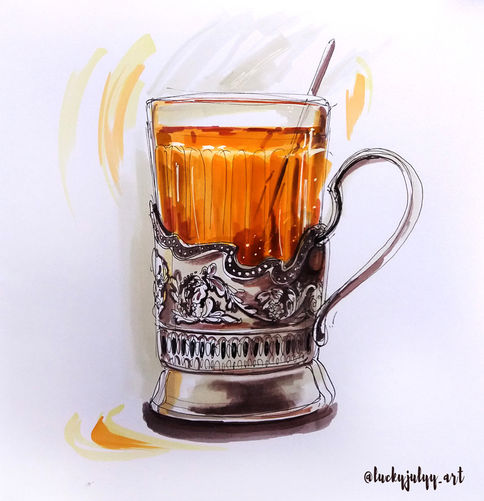 Иллюстрация Чай в подстаканнике в стиле графика, скетчи