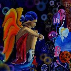 акварельная иллюстрация девушки с эльфийскими ушами и оранжевыми крыльями