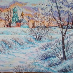 Зимний пейзаж с церковью.