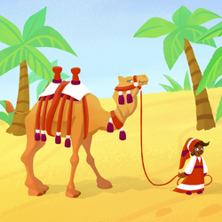 Маленькая бедуинка выгуливает домашнего верблюда