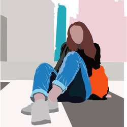 Девушка сидит на дороге в большом городе