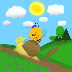 Веселая пчелка катается на улитке