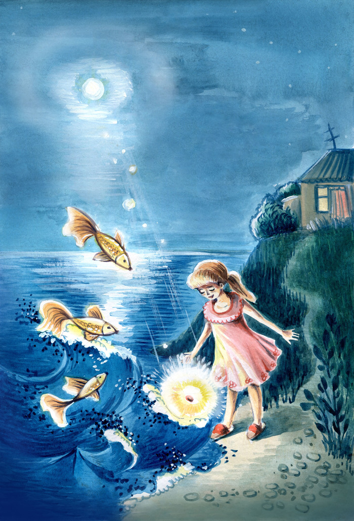 Иллюстрация сказка "Лунные рыбки" в стиле детский,
