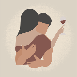 A man hugs his lover who drinks wine