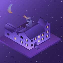 Buildings in perspective, the moon at night. House in 3D. Vector illustration.