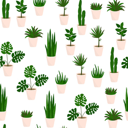Houseplants seamless pattern. Repetitive vector illustration of various abstract houseplants on transparent background. EPS 10.