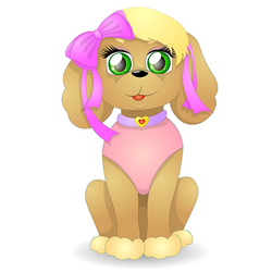 Персонаж - собака в костюме с розовой лентой