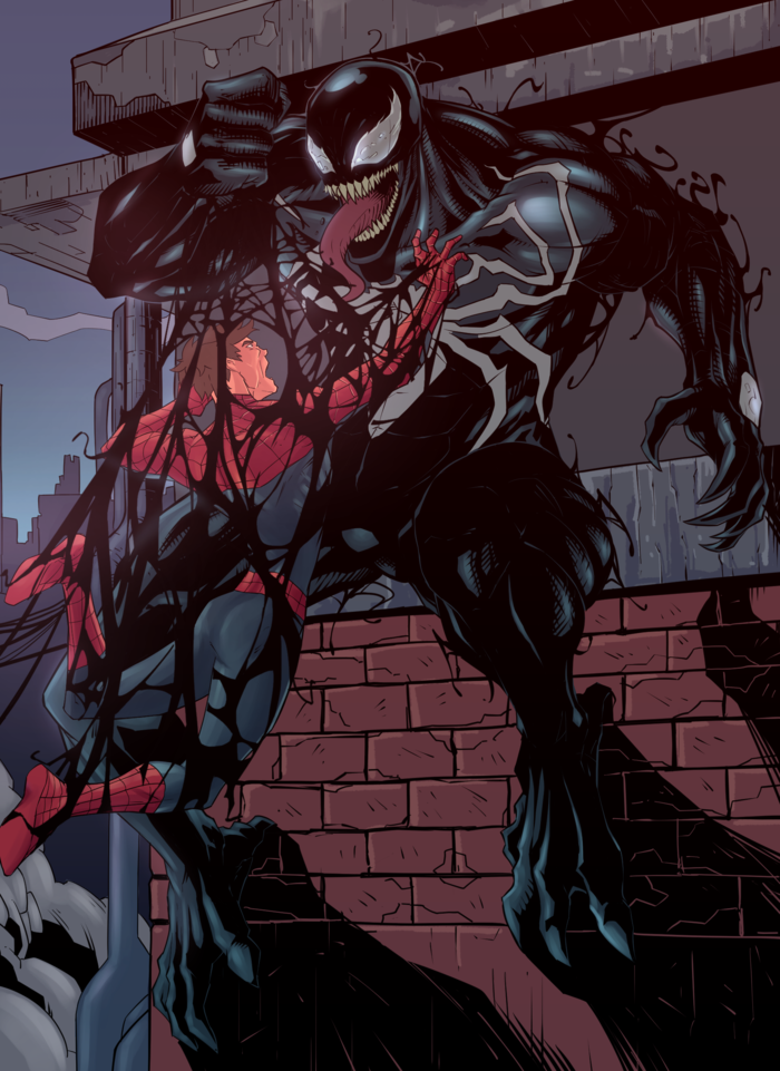 Иллюстрация человек-паук против венома в стиле 2d, комикс, персонажи Illust...