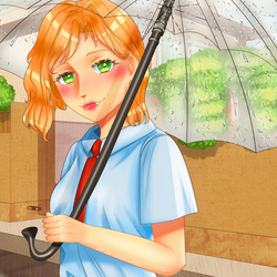Рыжая аниме девушка с зонтиком под дождем
