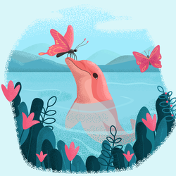 Dolphin and butterflies. Vector illustration. 