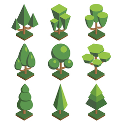 Set of trees in isometric perspective, polygonal style, isolated on white background. EPS