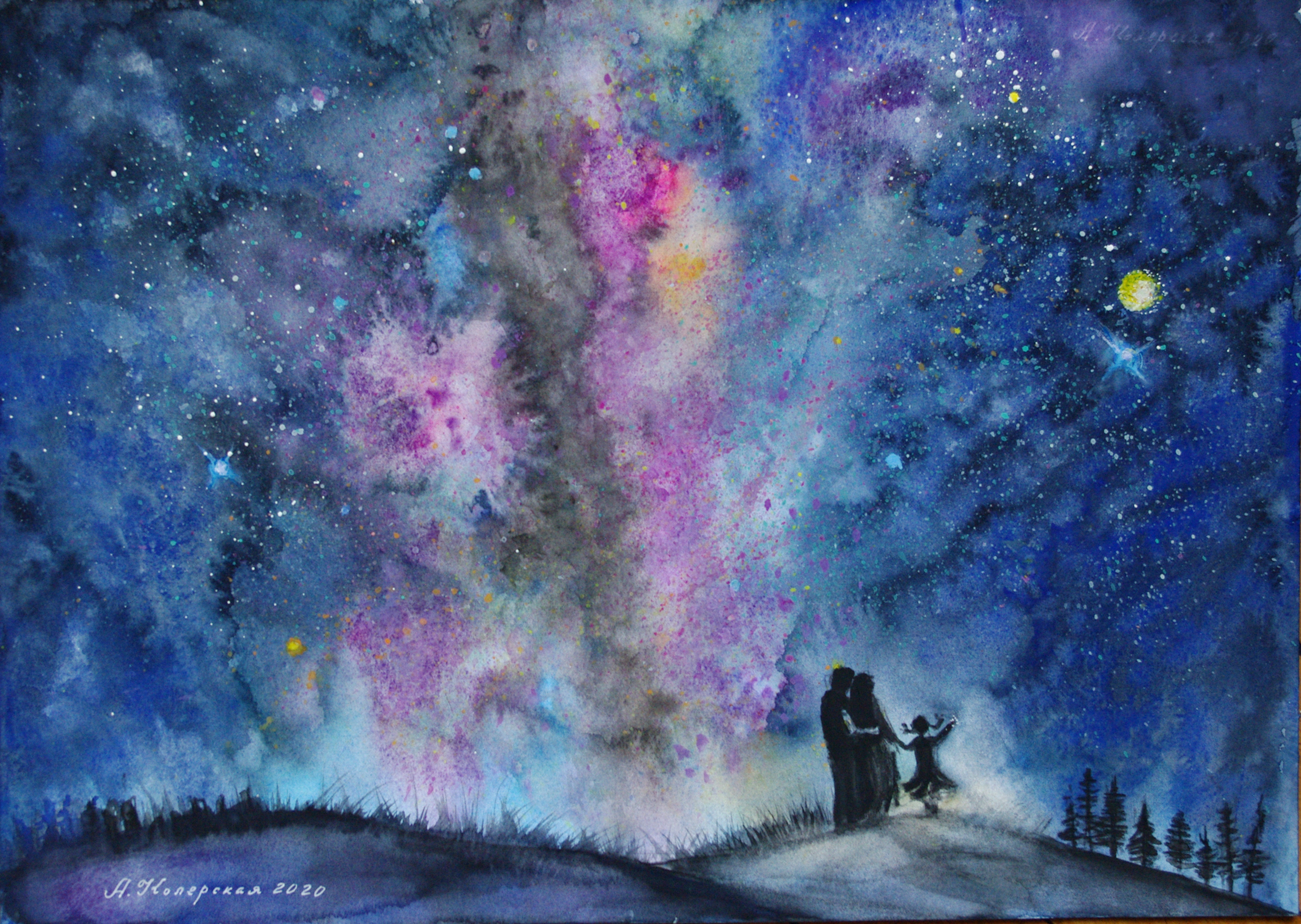 Художник рисует звездное небо подчеркни в предложении. Звездное небо акварель. Ночное небо акварелью. Нарисованное звездное небо. Картина Звёздное небо.