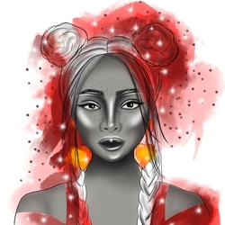 Графический портрет девушки в чрно-белом цвете с красным акцентом.