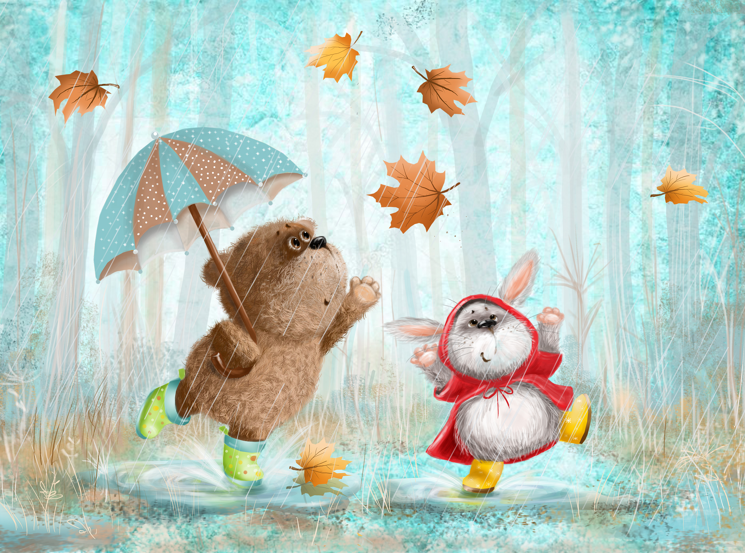 Как животные радуются дождю. Зверюшки под дождем. Зверюшки под зонтиком. Осень. Зайка. Дождик. Сказка про животных которые радуются дождю.