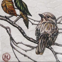 Воробей.Работа выполнена витражными красками на стекле.