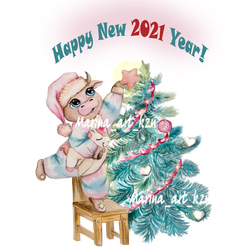 Милый бычок и елка Новый год 2021