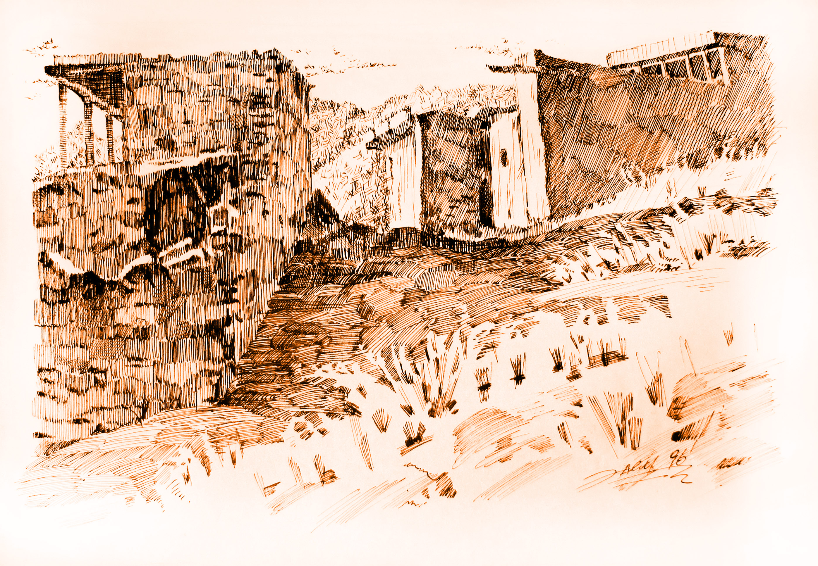 Старый город. Пейзаж. Графика, карандаш, тушь.