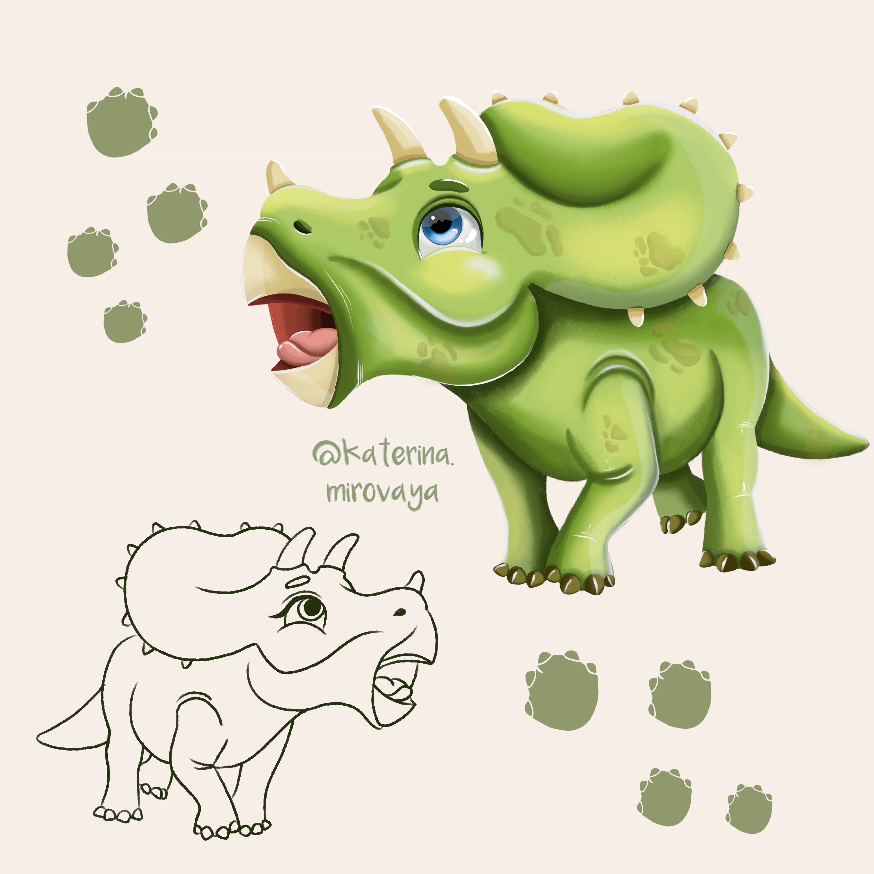 Иллюстрация Динозавр трицератопс в стиле 2d, детский, персонажи |