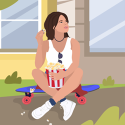 Girl on a skateboard with popcorn 