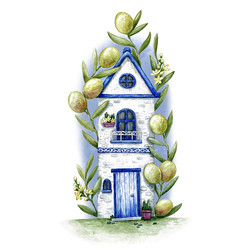 Акварельная иллюстрация дом с оливками