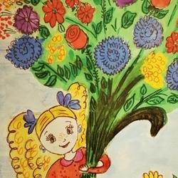 Девочка с цветами открытка котик