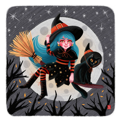 The witch on a journey with a cat