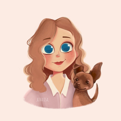 Portrait of a girl with a dog in cartoon style