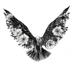 Эскиз тату птица с цветами.