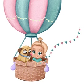 Малышка с мопсом на воздушном шаре