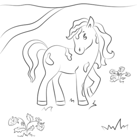 Раскраски страницу. Цвет меня: лошадь. Мать конные прогулки с ее маленькой милой жеребенка.