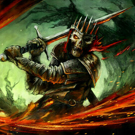 Скелет воин с двуручным мечем на зеленом фоне.