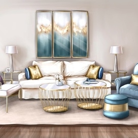Визуализация интерьера гостиной с золотыми элементами 