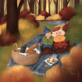 Дети на пикнике в осеннем лесу