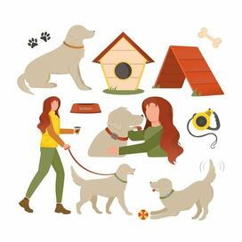 Набор иллюстраций с собакой и девушкой